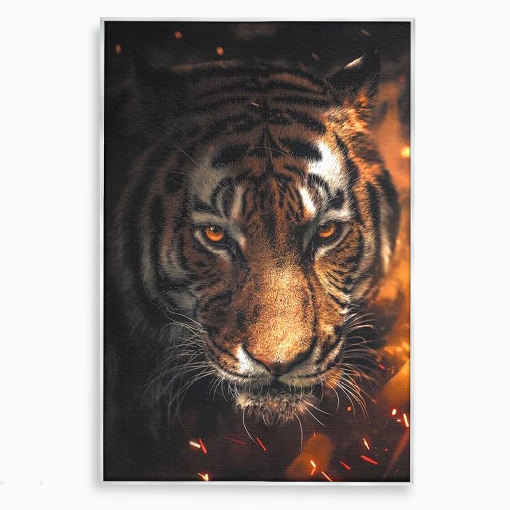 Tablou canvas cu tablou canvas cu cap de tigru si scantei, in rama de aluminiu argintiu